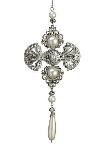 8.5" Glamour Time Silver Medallion Pearl Christmas Drop Ornament