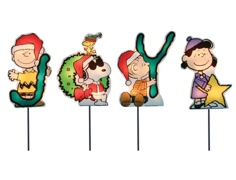 Set of 4 Pre-Lit "JOY" Peanuts and Snoopy Christmas Pathway Markers - Clear Lights