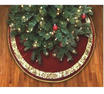 48" Poinsettia Ribbon Bordered Burgundy Christmas Tree Skirt w- Gold Cord Trim