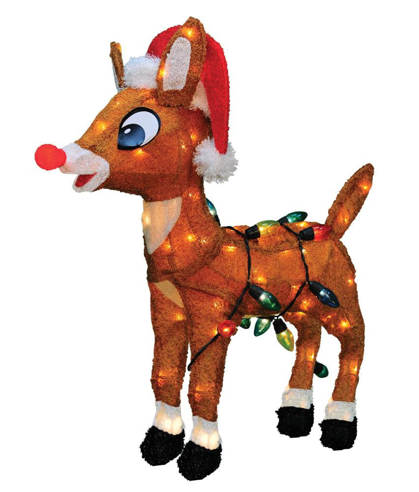 24" Pre-Lit Soft Tinsel Rudolph the Red-Nosed Reindeer Christmas Yard Art Decoration - Clear Lights