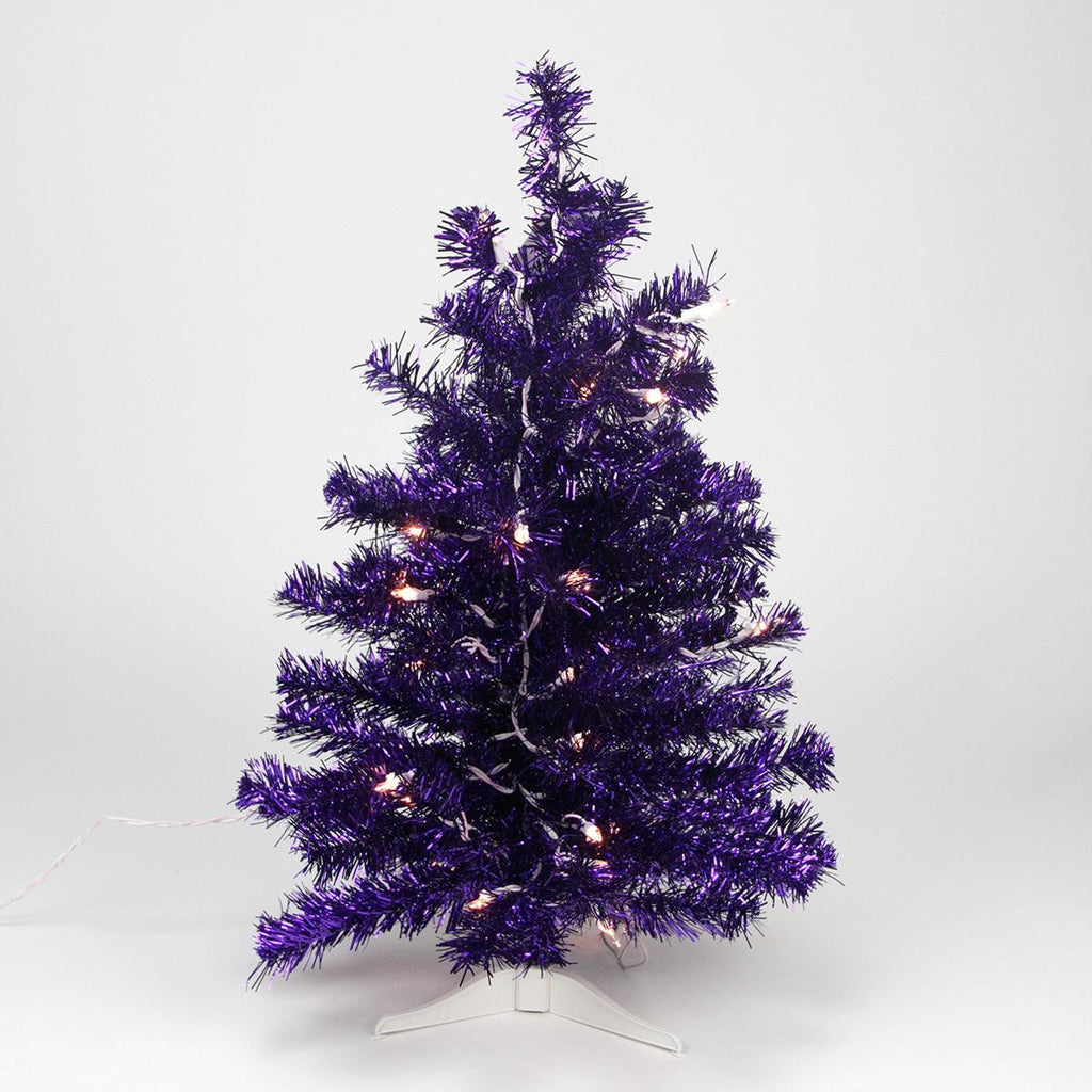 2' Pre-lit Purple Iridescent Pine Artificial Tinsel Christmas Tree - Clear Lights