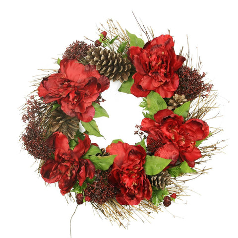 24" Red Peony and Sedum Floral Artificial Christmas Wreath with Pine Cones - Unlit