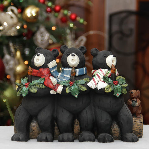 9" Woodland Caroling Black Bears with Scarves and Holly Christmas Table Top Decoration