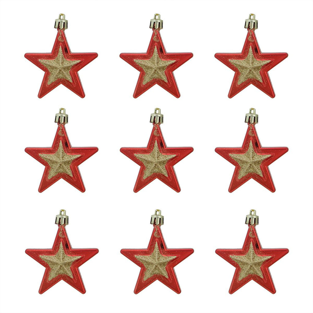 9ct Red and Gold Glittered Shatterproof Star Christmas Ornaments 2.75"