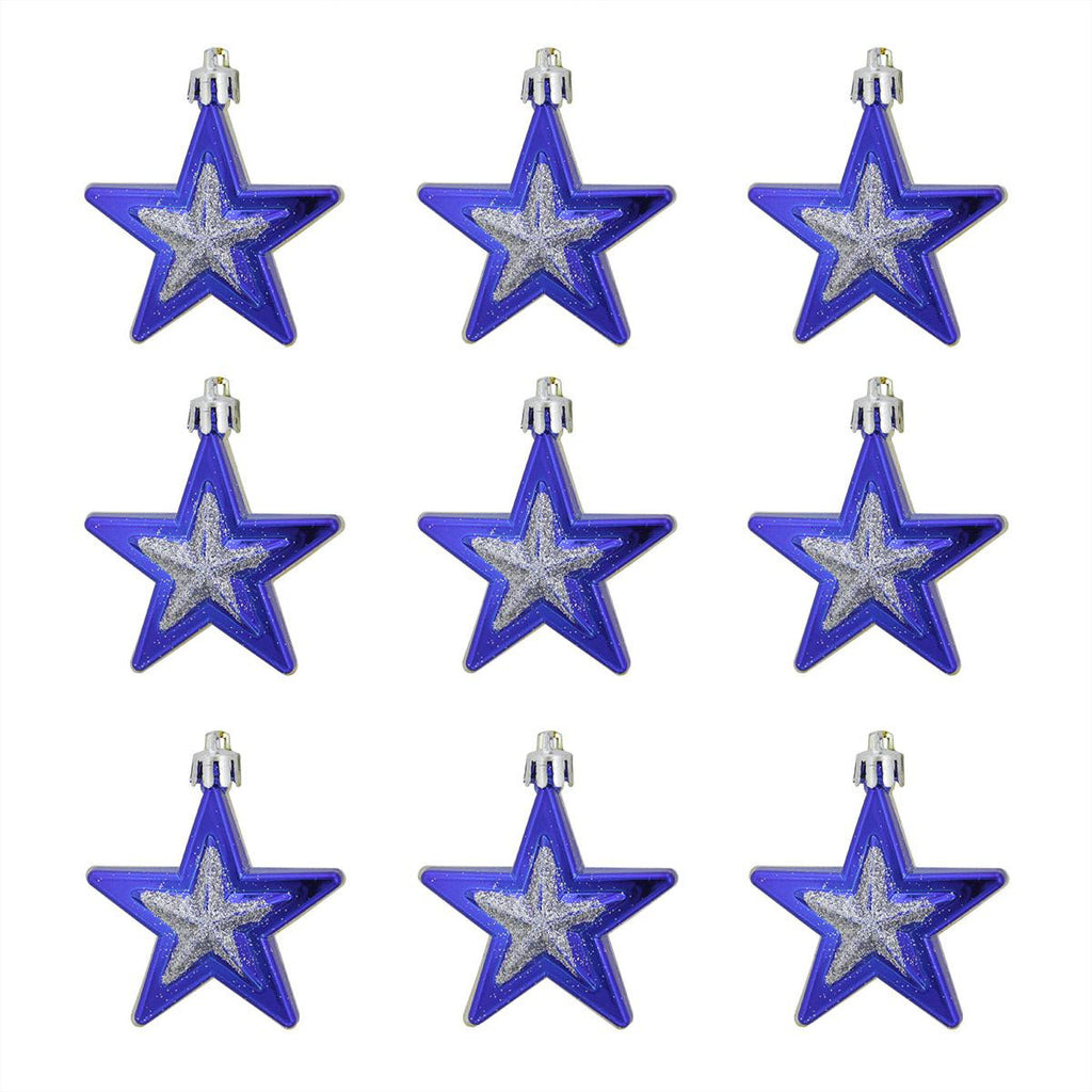 9ct Blue and Silver Glittered Shatterproof Star Christmas Ornaments 2.75"