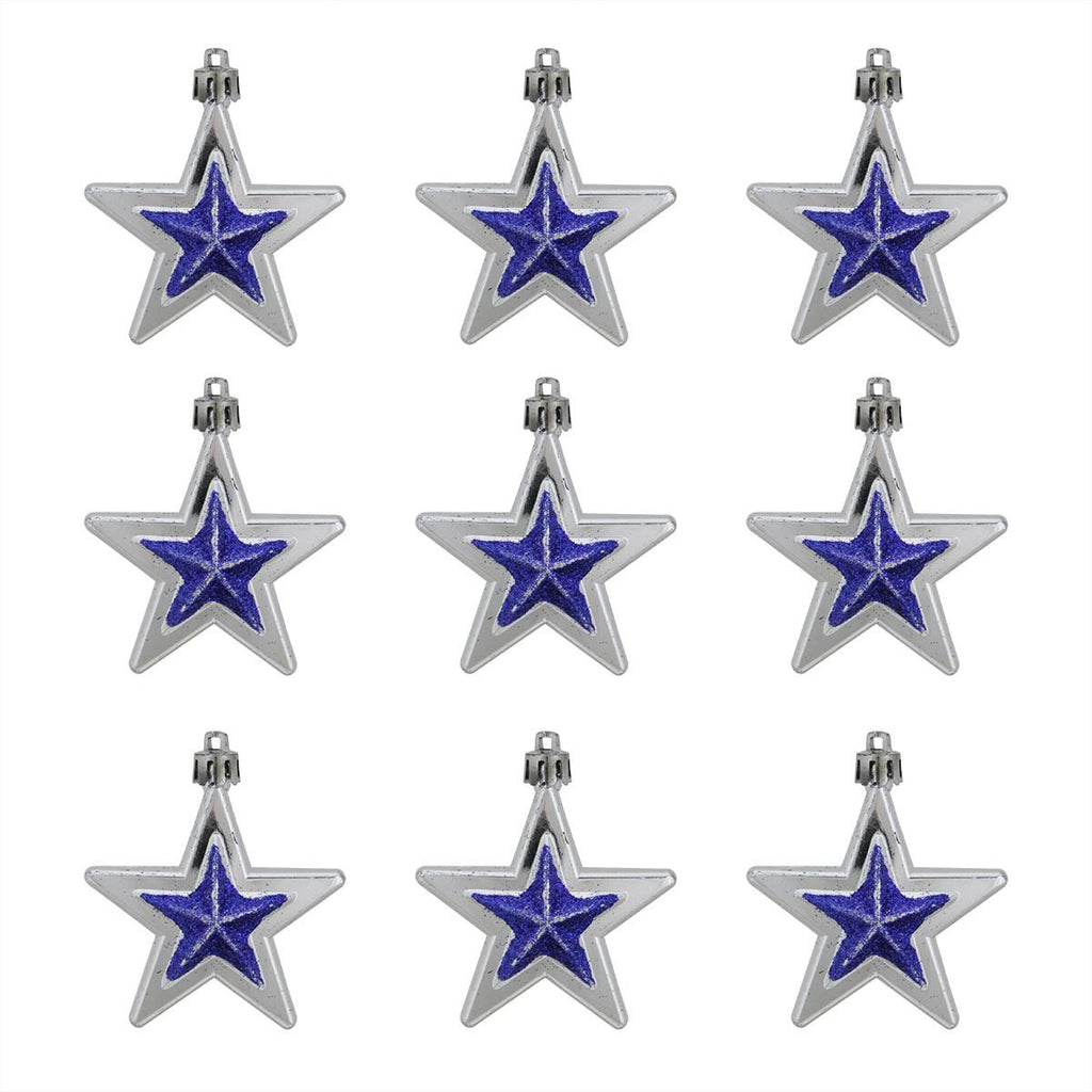 9ct Silver and Blue Glittered Shatterproof Star Christmas Ornaments 2.75"