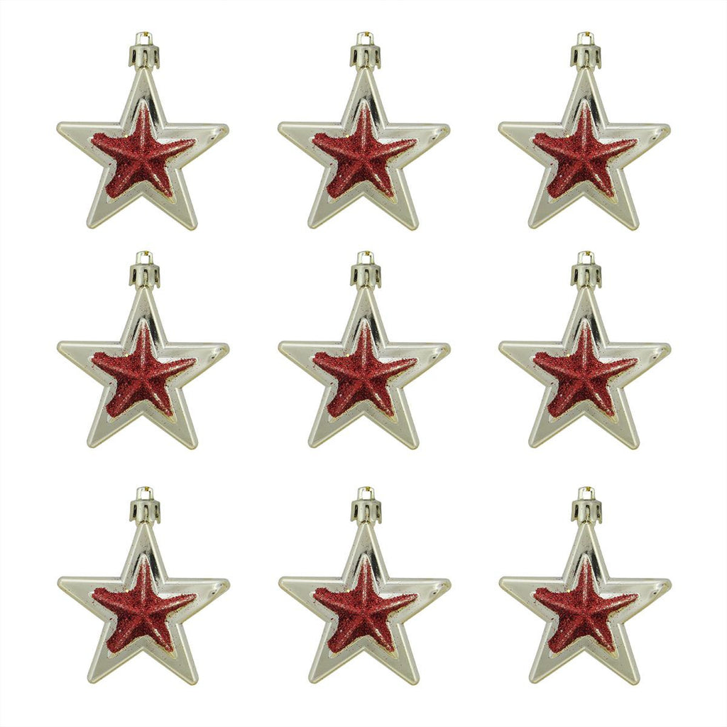 9ct Gold and Red Glittered Shatterproof Star Christmas Ornaments 2.75"