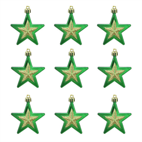 9ct Green and Gold Glittered Shatterproof Star Christmas Ornaments 2.75"