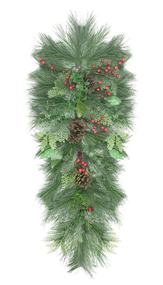 38" Decorated Long Needle Pine, Pine Cone and Berry Artificial Christmas Teardrop Swag - Unlit