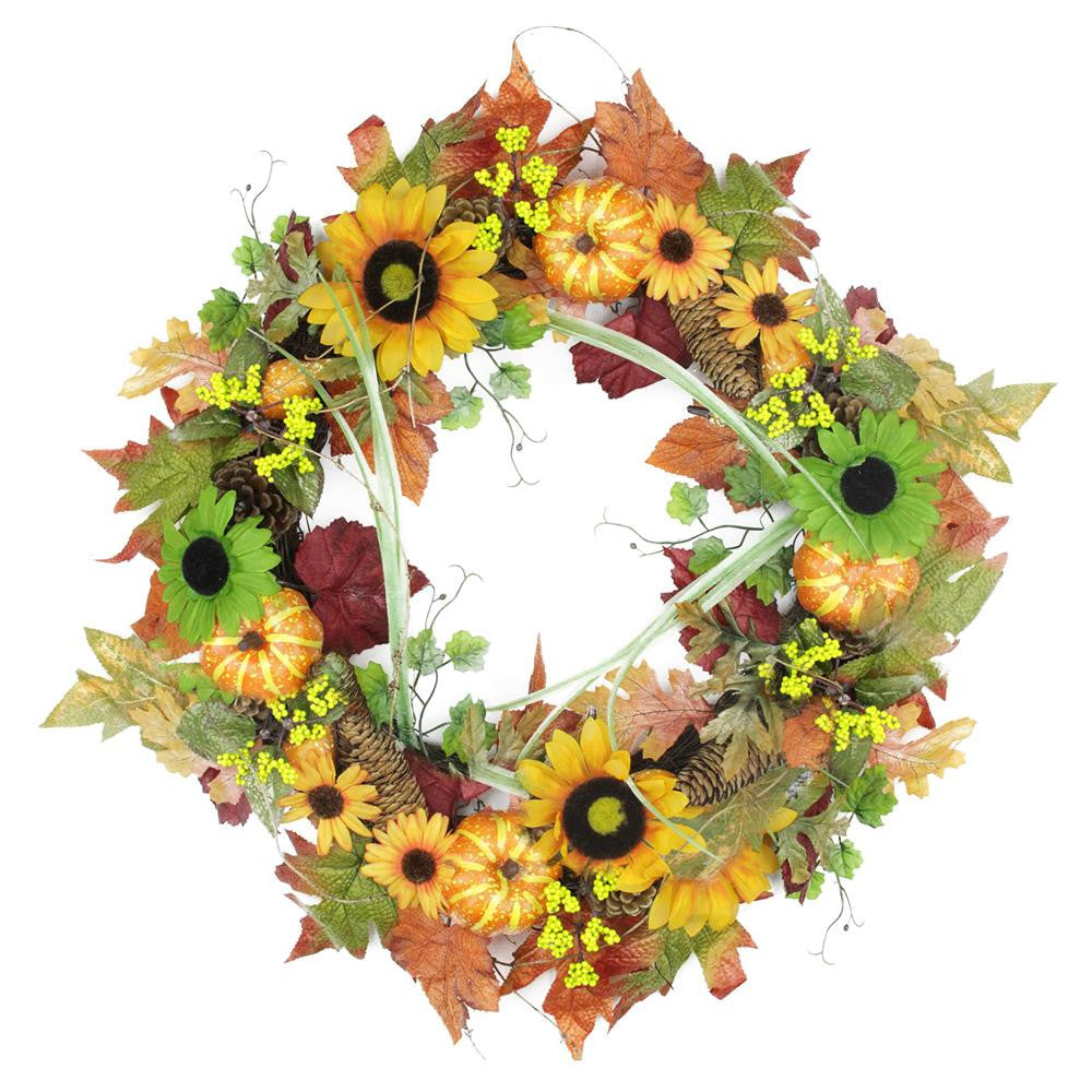 24" Autumn Mixed Leaf, Flowers, Pine Cones and Pumpkin Artificial Thanksgiving Wreath - Unlit