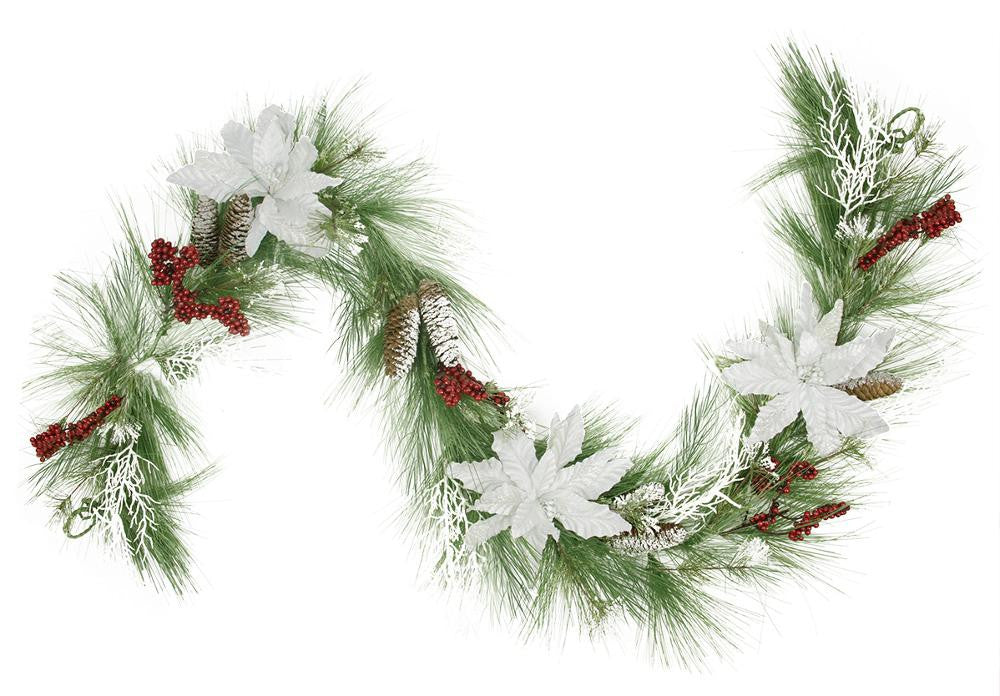 6' Frosted Long Needle Pine with Poinsettias and Pine Cones Artificial Christmas Garland - Unlit