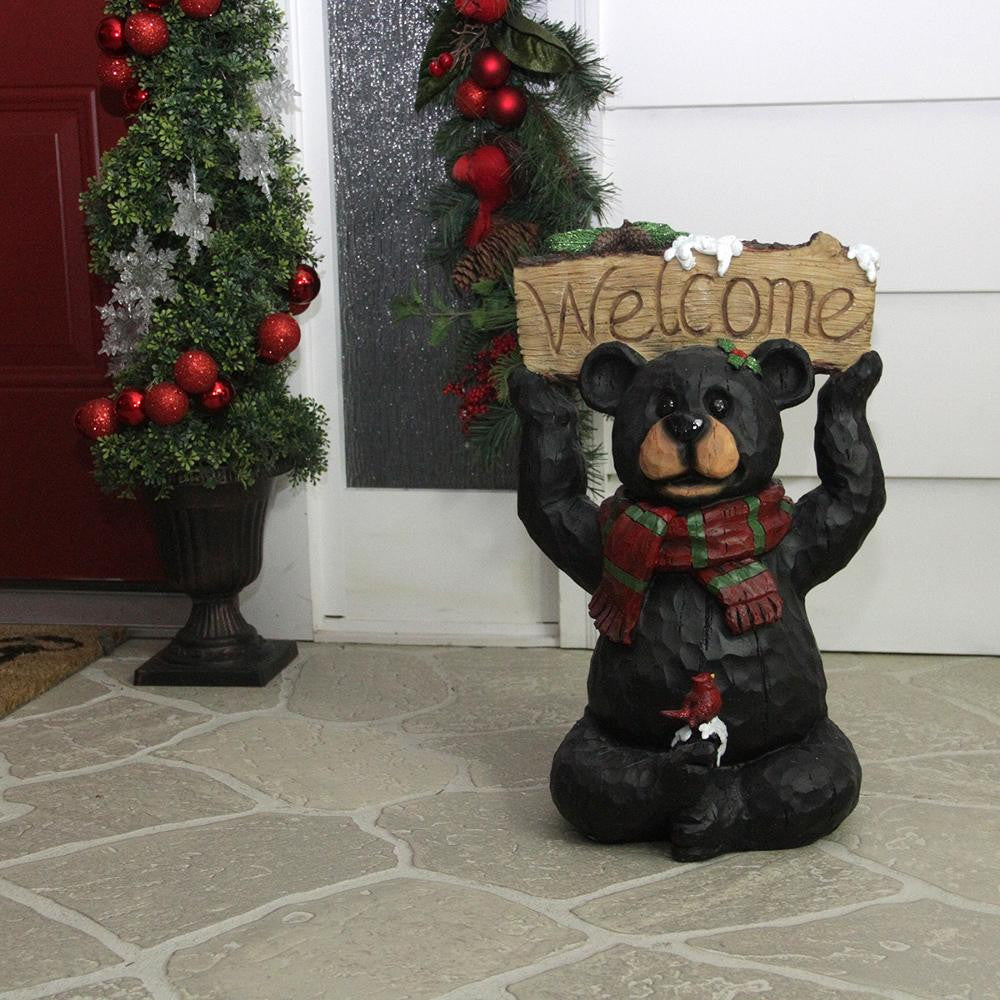 18" Woodland Black Bear with Striped Scarf and "Welcome" Sign Christmas Decoration