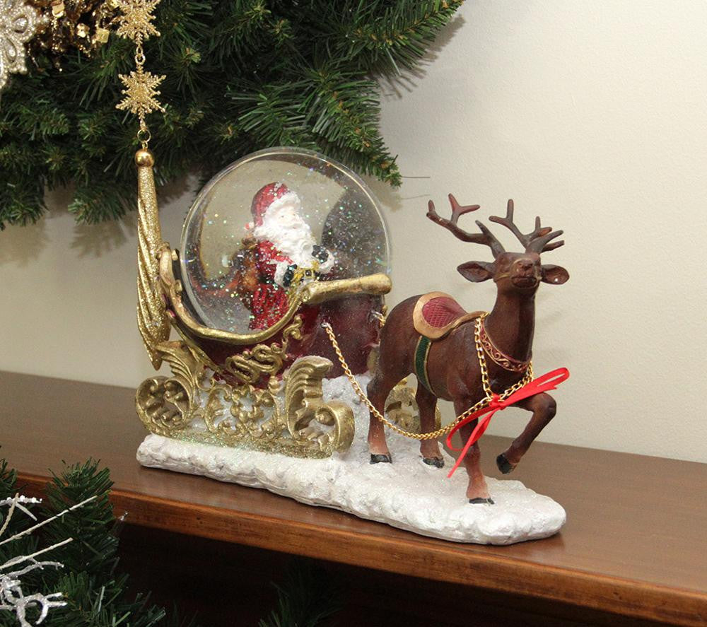 12" Santa Claus Sleigh and Reindeer Glitterdome Snow Globe Christmas Table Top Figure