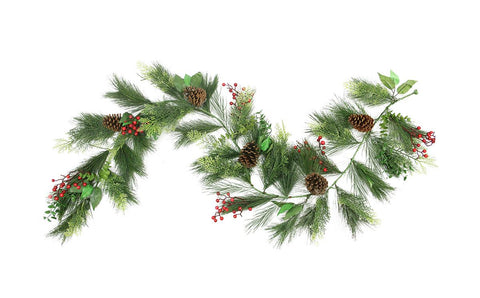 6' Long Needle Pine, Red Berry and Pine Cone Artificial Christmas Garland - Unlit