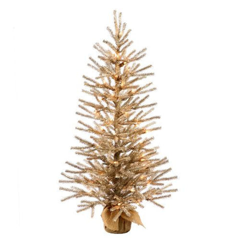 2' Pre-Lit Mocha Brown Artificial Christmas Twig Tree in Burlap Base - Clear