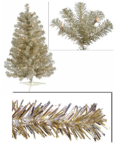 3' Pre-Lit Champagne Full Artifical Sparkling Tinsel Christmas Tree- Clear