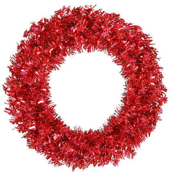 36" Pre-Lit Red Hot Wide Cut Tinsel Artificial Christmas Wreath - Red Lights