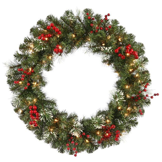 24" Pre-Lit Siegal Berry Pine w- Holly Berries Christmas Wreath - Clear Lights