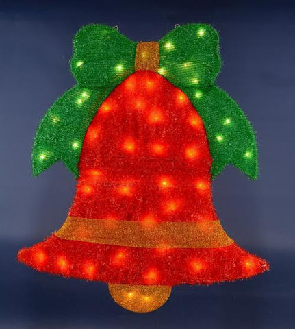 40" Pre-Lit Soft Tinsel Red Jingle Bell with Green Bow Christmas Window Decoration