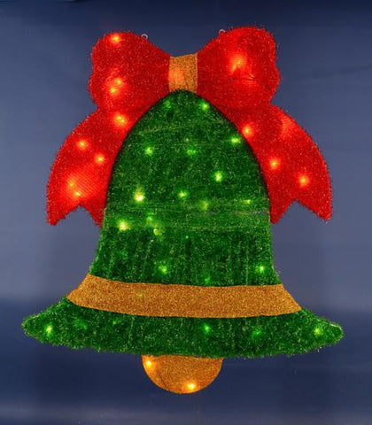 40" Pre-Lit Soft Tinsel Green Jingle Bell with Red Bow Christmas Window Decoration