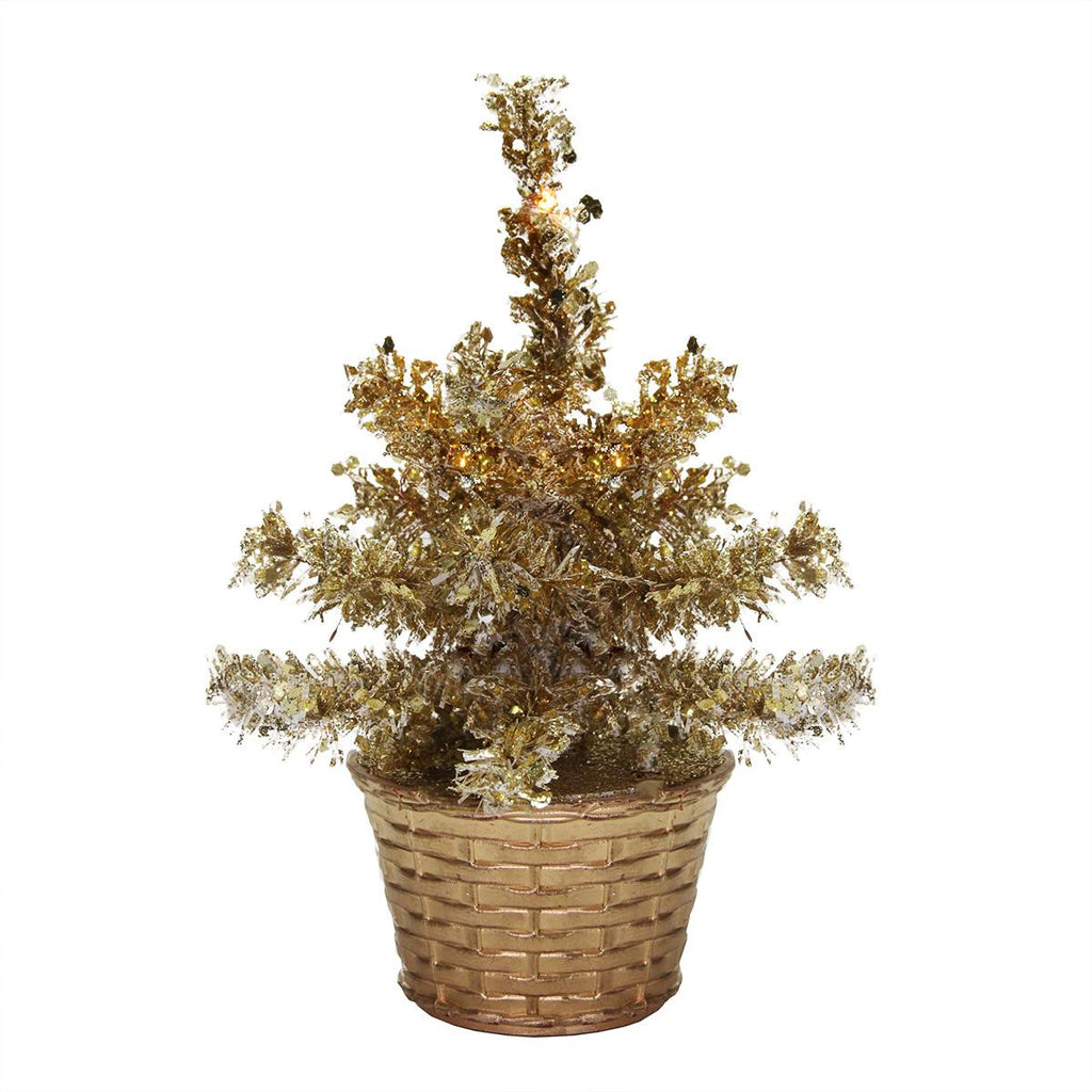 8" LED Lighted Battery Operated Table Top Gold Tinsel Potted Christmas Tree - Clear Lights