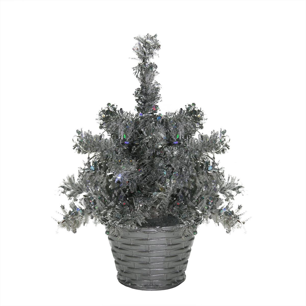 8" LED Lighted Battery Operated Table Top Silver Tinsel Potted Christmas Tree - Polar White Lights