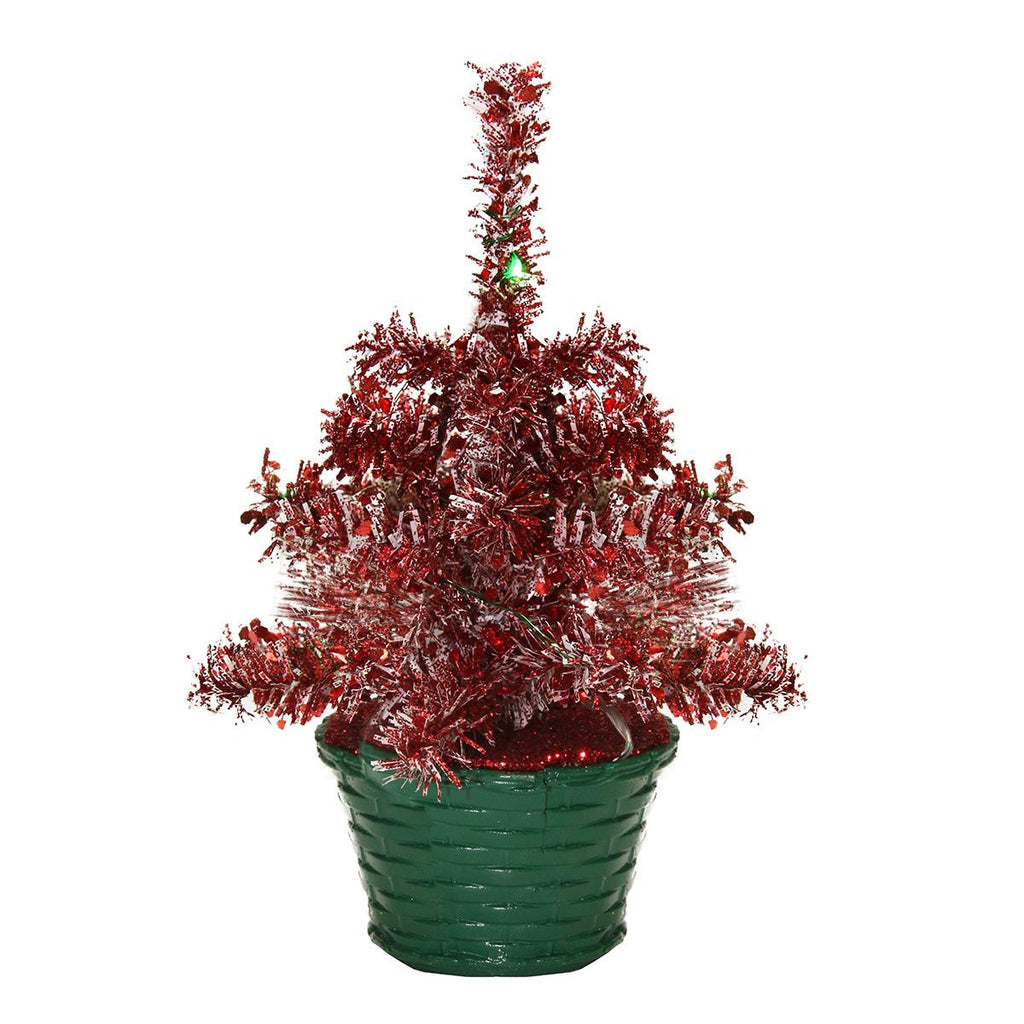 8" LED Lighted Battery Operated Table Top Red Tinsel Potted Christmas Tree - Green Lights