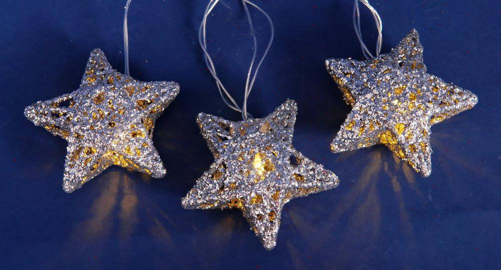 Set of 10 Battery Operated Sparkling Silver Glittered Star Christmas Lights on Silver Wire - Clear