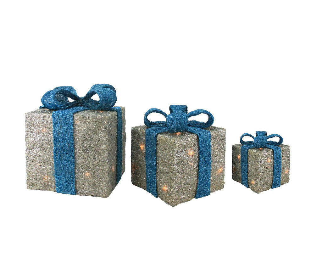 Set of 3 Sparkling Blue and Silver Sisal Gift Boxes Lighted Christmas Yard Art Decorations