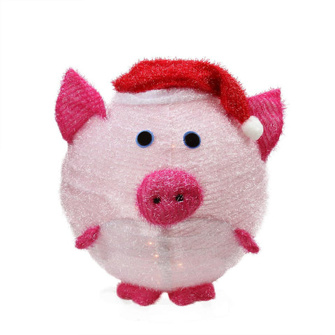 20" Lighted 3-D Chenille Chubby Pink Pig in Santa Hat Outdoor Christmas Yard Art Decoration