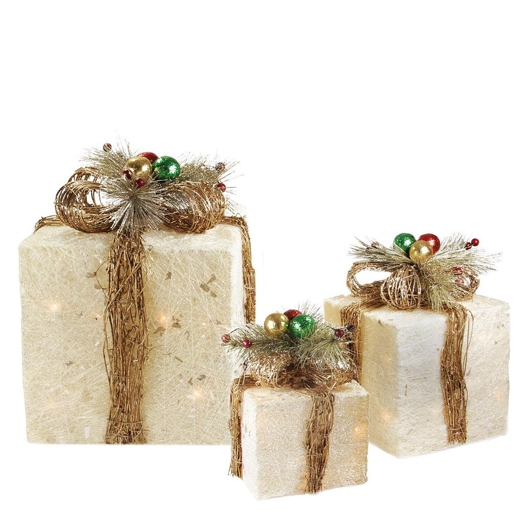 Set of 3 Sparkling Champagne Sisal Gift Boxes Lighted Christmas Yard Art Decorations