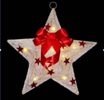 17" Lighted Cream and Red Sisal Hanging Christmas Star Window Decoration with Bow