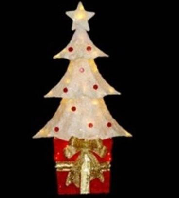 32" Lighted Sparkling Red and Cream Sisal Christmas Tree with Present Yard Art Decoration