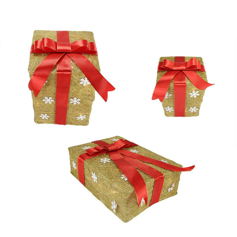 Set of 3 Gold Snowflake Sisal Gift Boxes Lighted Christmas Yard Art Decorations