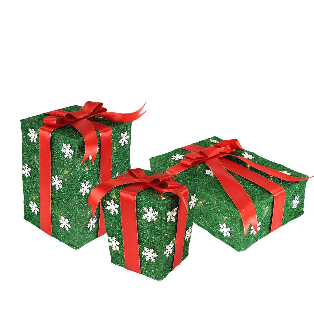 Set of 3 Green Snowflake Sisal Gift Boxes Lighted Christmas Yard Art Decorations