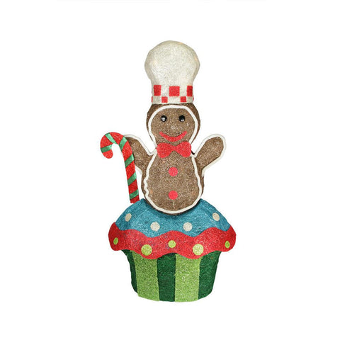 27" Lighted Sparkling Sisal Cupcake with Gingerbread Chef Christmas Yard Art Decoration