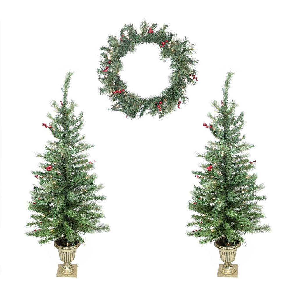 Set of 4 Red Berry Pine Artificial Christmas Trees and Wreath - Clear Lights