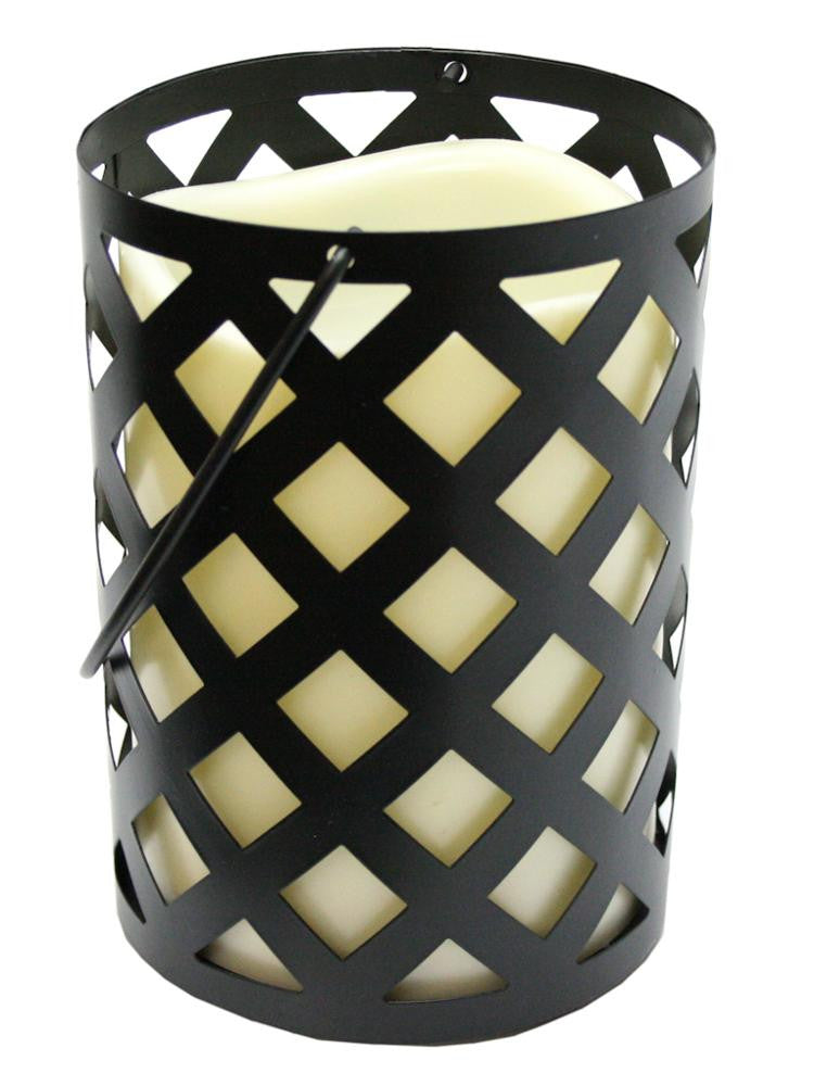 7" Black Metal Criss Cross Lantern with Bisque LED Lighted Flameless Indoor-Outdoor Pillar Candle