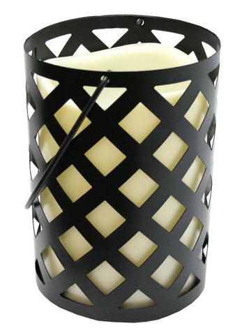 7" Black Metal Criss Cross Lantern with Bisque LED Lighted Flameless Indoor-Outdoor Pillar Candle