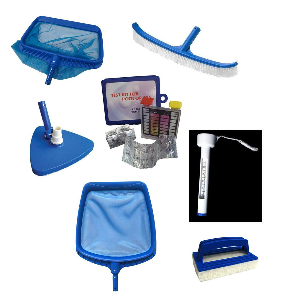 7-Piece Deluxe Swimming Pool Kit - Vacuum, Leaf Rake, Brush, Thermometer, Test Kit, Scrubbing Pad and Skimmer