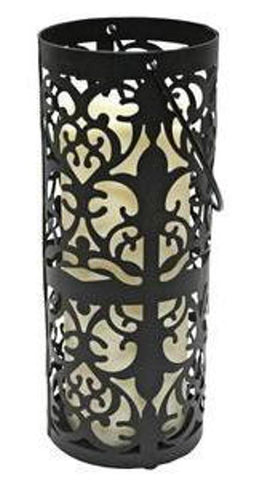 9.5" Black Metal Flourish Lantern with Bisque LED Lighted Flameless Indoor-Outdoor Pillar Candle