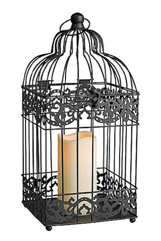 15" Black Metal Birdcage Lantern with Indoor-Outdoor LED Flameless Pillar Candle