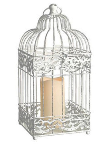 15" White Distressed Metal Birdcage Lantern with Indoor-Outdoor LED Flameless Pillar Candle