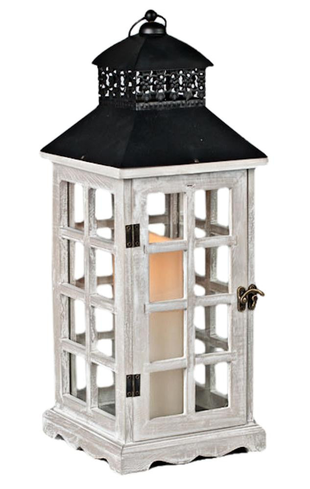 19" Whitewashed Wood and Glass Lantern with Indoor-Outdoor LED Flameless Pillar Candle