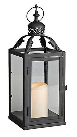 15" Black Metal Feather Open Top Indoor-Outdoor Lantern with LED Flameless Pillar Candle