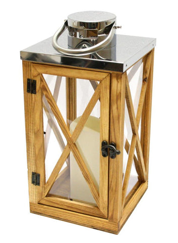 13.5" Rustic Wood and Stainless Steel Lantern with LED Flameless Pillar Candle with Timer