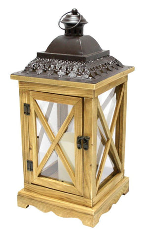 17.5" Rustic Wooden Lantern with Brown Metal Top and LED Flameless Pillar Candle with Timer