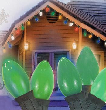 Set of 25 Opaque Green C7 Christmas Lights 12" Bulb Spacing 20 AWG - Green Wire