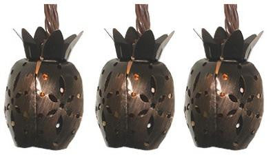 Set of 10 Distressed Metal Tropical Pineapple Fruit Christmas Lights - Brown Wire