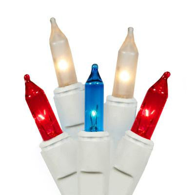 Set of 150 Patriotic Red, White and Blue 8 Function Christmas Lights - White Wire